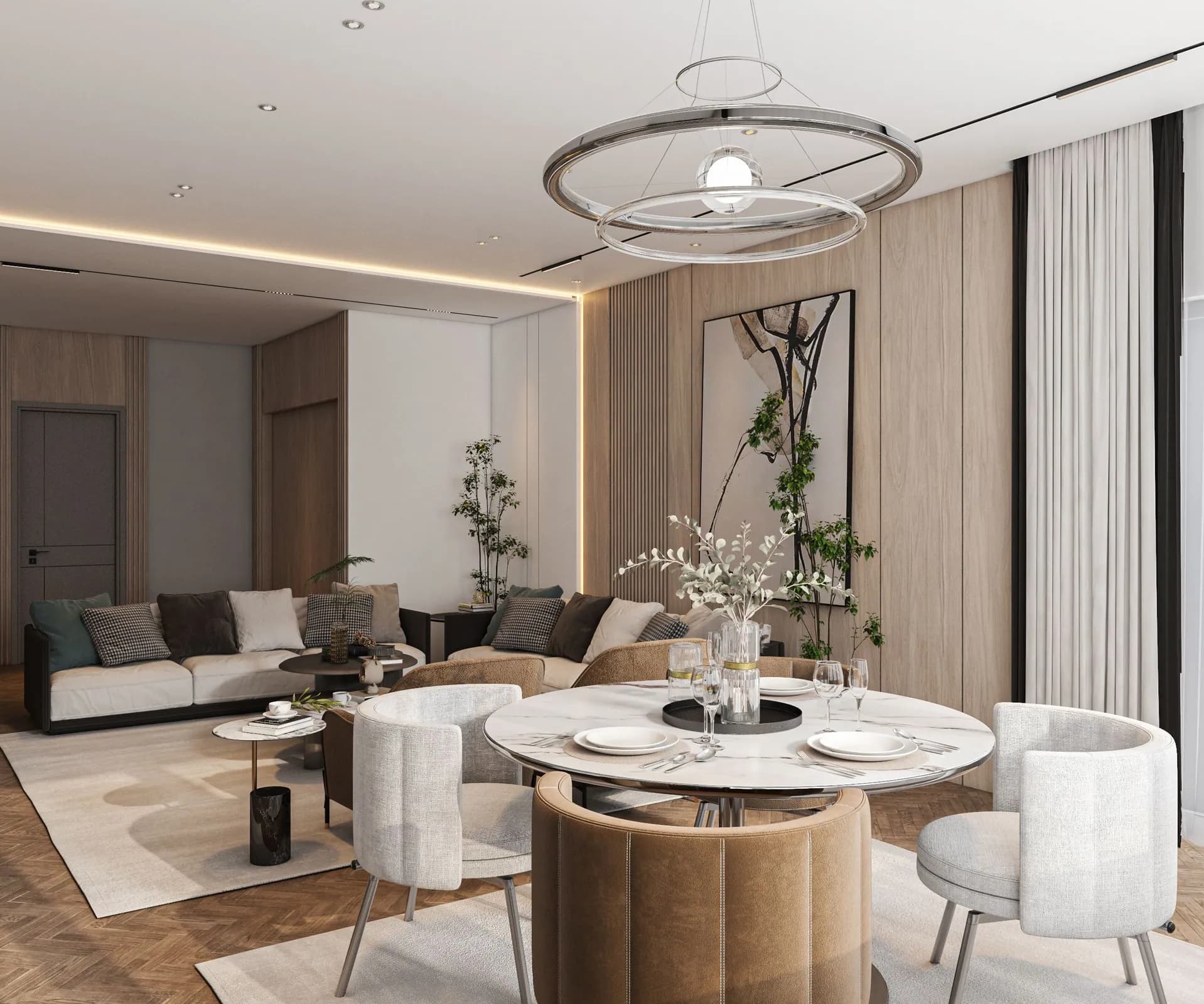 Elegant contemporary dining and living room interior